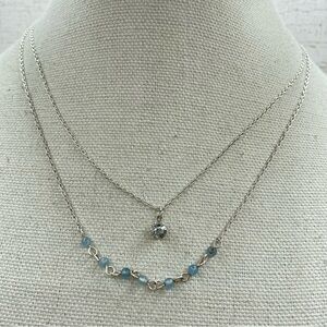Liz Claiborne Silver Tone 2 Layer Cubic Zirconias Blue Beaded Necklace Dainty